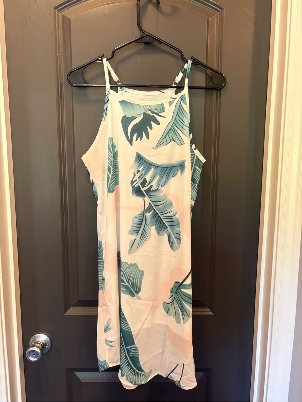 Amazon Essentials White Tropical Leaf Print Mini Dress with Teal Leaves